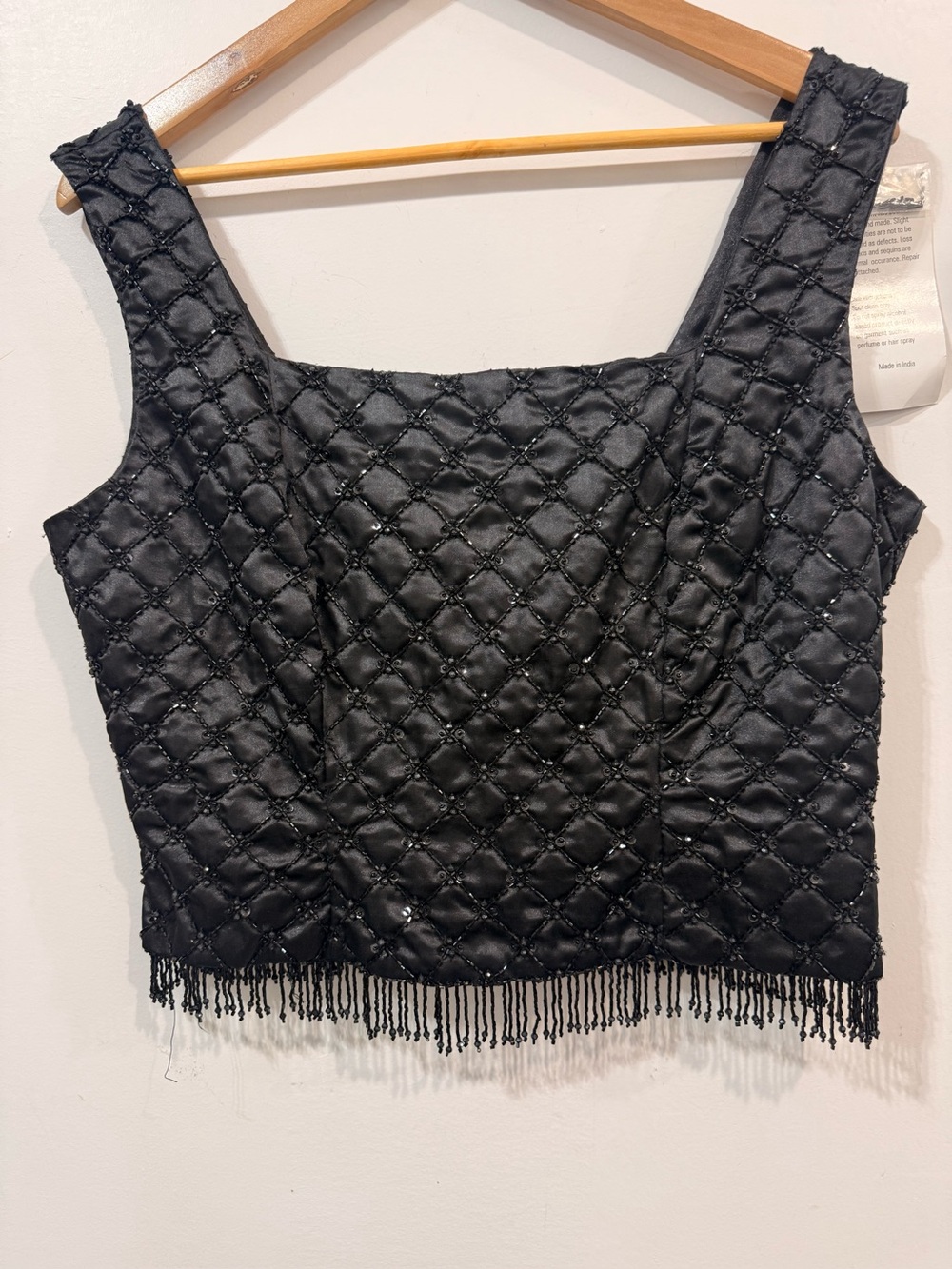 Stenay Vintage Dead Stock Black Quilted Beaded Fringe Hem Tank Crop Top Size 12
